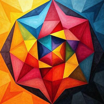 The primary subject of the image is a colorful, geometric artwork. The setting is a blue background, and the visual style appears to be a combination of digital art and illustration. The colors and mood of the image are vibrant and lively, with a focus on the various colors and patterns of the geometric artwork.